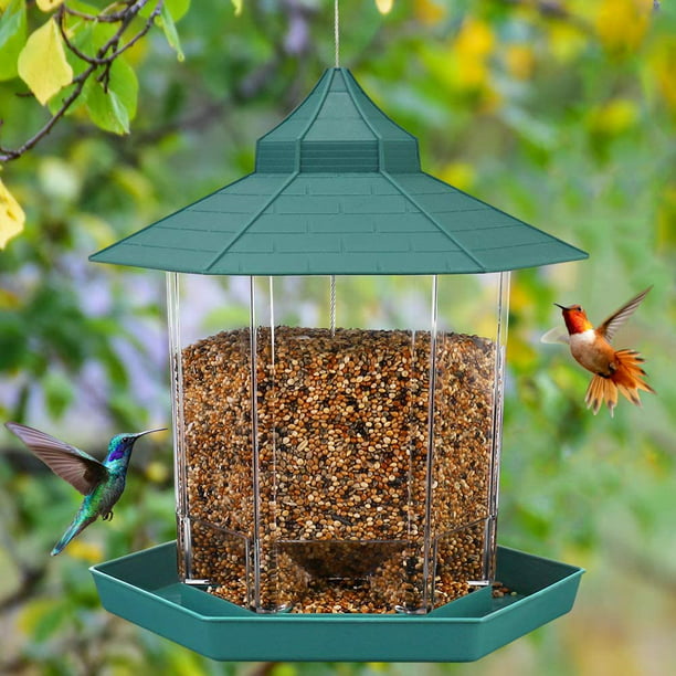 Panorama Automatic Bird Seed Feeders for Outside Garden Yard Decoration,Classic Green. Wild Bird Feeder Hanging Hexagon Shaped with Roof 